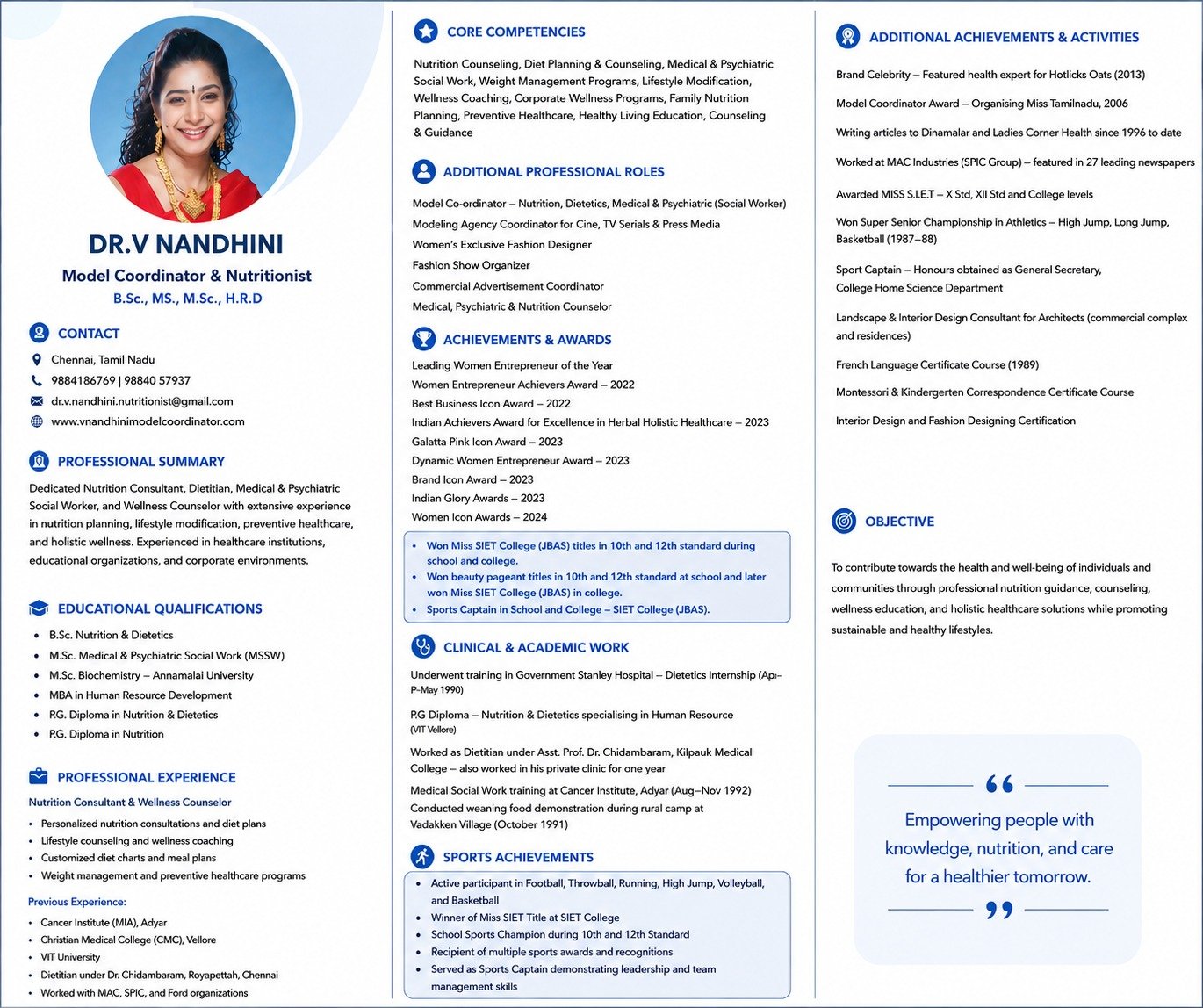 Dr V Nandhini Certified Nutritionist Model Coordinator Chennai Professional Profile and Achievements